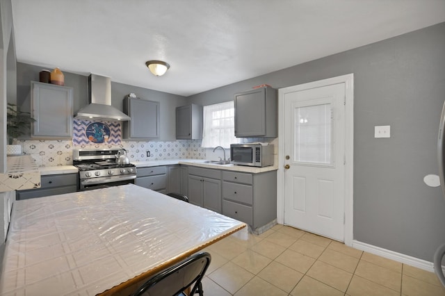 7810 Maxwell Ave, Dallas, TX 75217 - kitchen featuring a sink, gray cabinets, wall chimney range hood, appliances with stainless steel finishes, and decorative backsplash