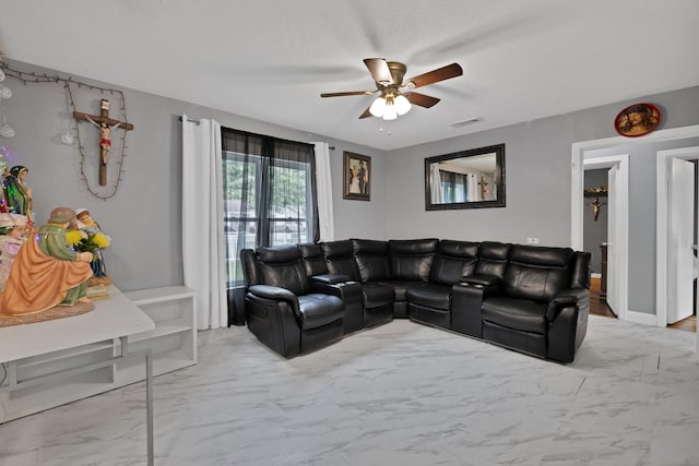 7810 Maxwell Ave, Dallas, TX 75217 - living room with a ceiling fan, marble finish floor, and visible vents