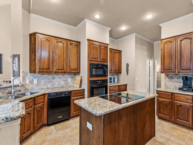 4308 Echo Bluff Dr, Plano, TX 75024 - kitchen featuring black appliances, a sink, tasteful backsplash, light stone countertops, and a kitchen island