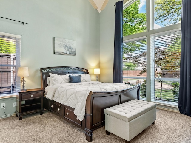 bedroom featuring a towering ceiling, carpet floors, and baseboards