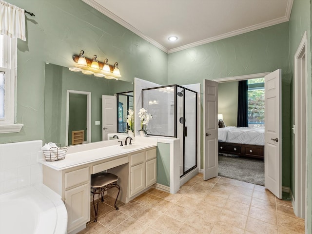 bathroom with a garden tub, a stall shower, tile patterned floors, crown molding, and vanity
