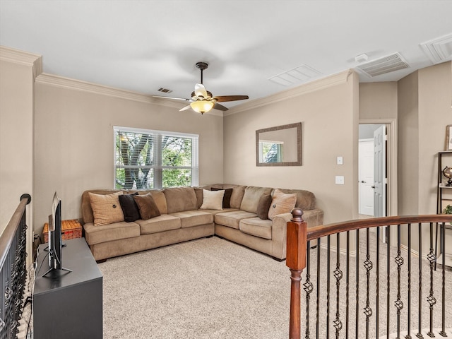 living room featuring ceiling fan, ornamental molding, and visible vents