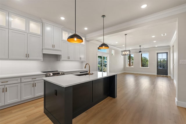 kitchen featuring a wealth of natural light, ornamental molding, and a sink