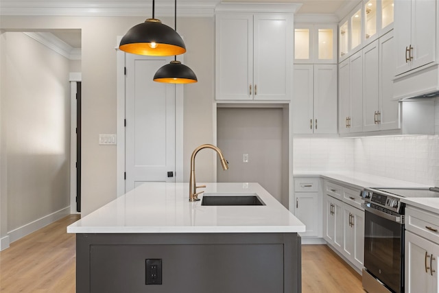 kitchen featuring light wood finished floors, a sink, decorative backsplash, and stainless steel range with electric cooktop