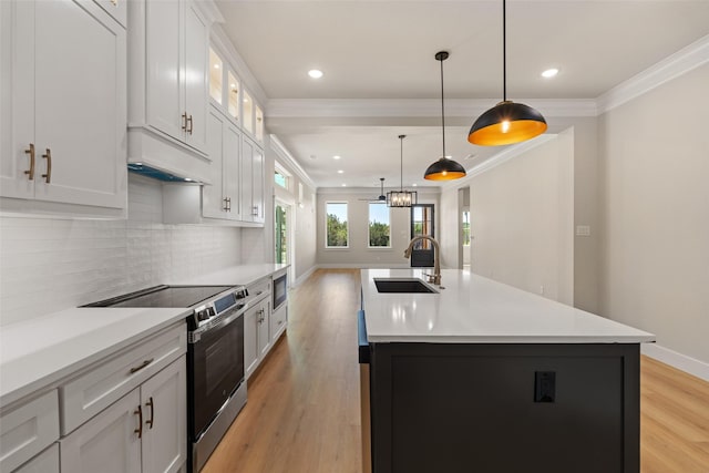 kitchen featuring a sink, light wood-type flooring, crown molding, and range with electric cooktop