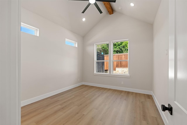 unfurnished room featuring beamed ceiling, light wood-style floors, recessed lighting, and ceiling fan