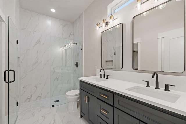 bathroom with a marble finish shower, marble finish floor, toilet, and a sink