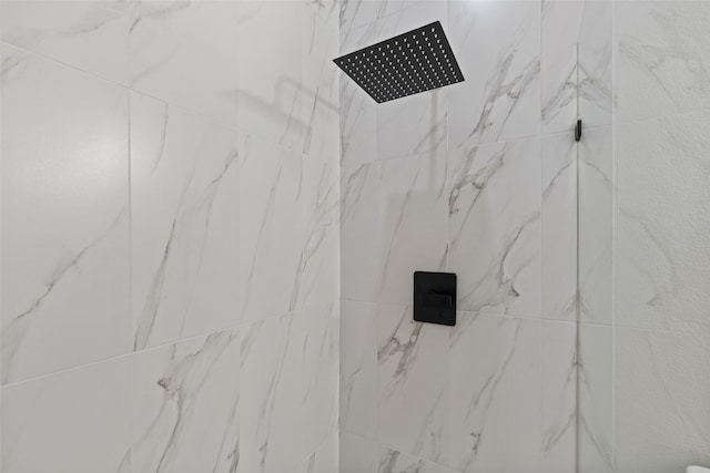 interior details featuring a marble finish shower