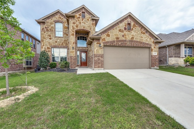 14629 Gilley Ln, Fort Worth, TX 76052 - view of front facade featuring stone siding, an attached garage, concrete driveway, a front lawn, and brick siding