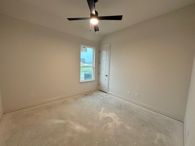 1099 Silver Sage Trl, Weatherford, TX 76085 - empty room with unfinished concrete floors, a ceiling fan, and lofted ceiling
