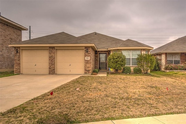 1804 Chicory Ln, Arlington, TX 76010 - ranch-style house featuring a garage, driveway, brick siding, a front yard, and a shingled roof