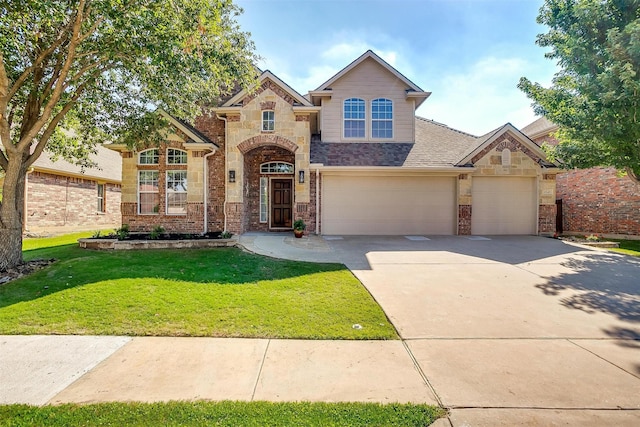view of front of house with stone siding, brick siding, driveway, and a front yard