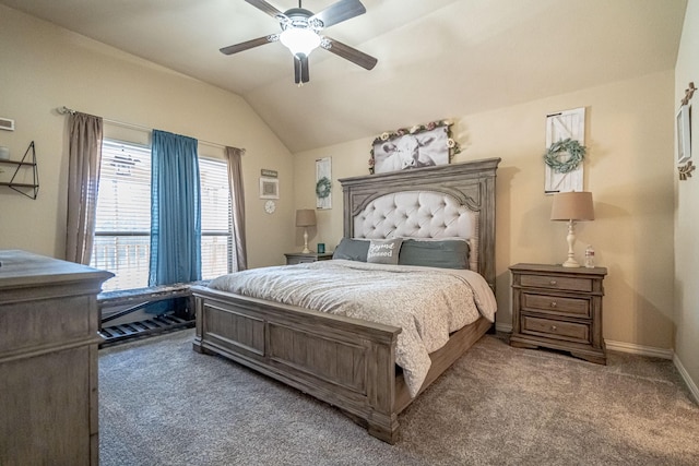 bedroom featuring carpet flooring, a ceiling fan, baseboards, and lofted ceiling