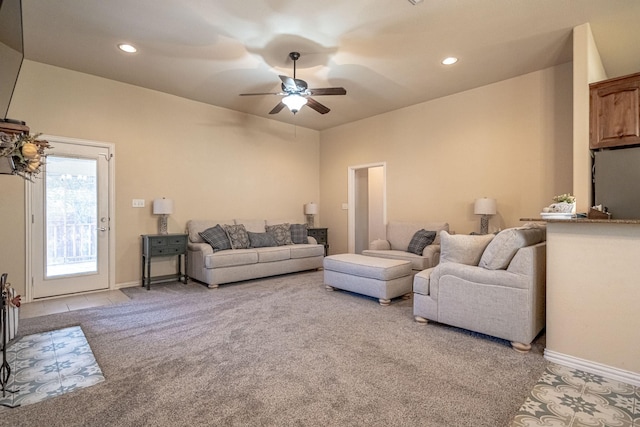 living room featuring ceiling fan, carpet flooring, baseboards, and recessed lighting