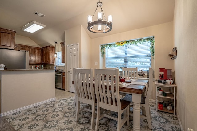 dining area featuring an inviting chandelier, visible vents, light tile patterned flooring, and vaulted ceiling