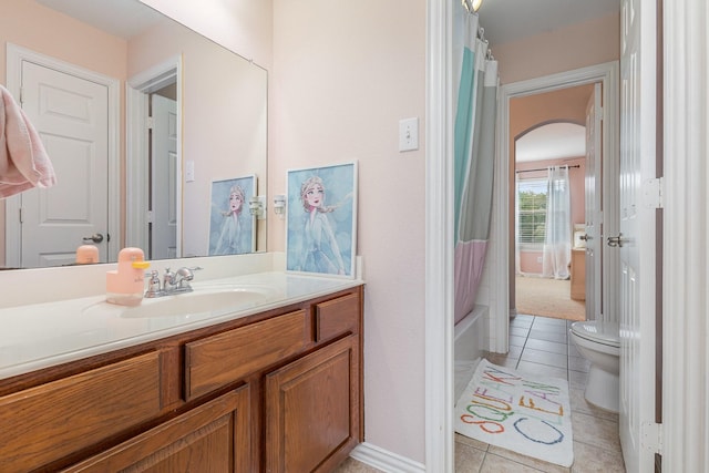 1804 Goodnight Ln, Allen, TX 75002 - full bathroom with tile patterned flooring, toilet, vanity, and shower / tub combo with curtain