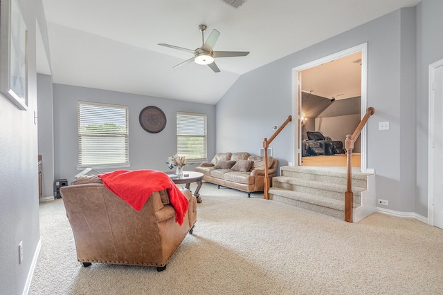 1804 Goodnight Ln, Allen, TX 75002 - living room with light carpet, vaulted ceiling, a ceiling fan, baseboards, and stairway
