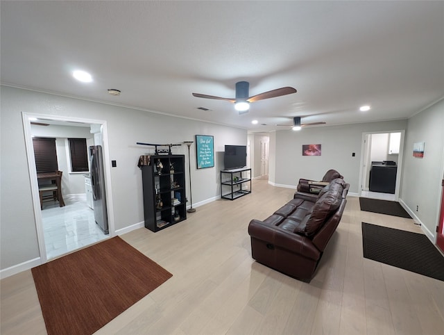 3209 Mimosa Dr, Sherman, TX 75092 - living room featuring recessed lighting, ceiling fan, light wood finished floors, baseboards, and crown molding