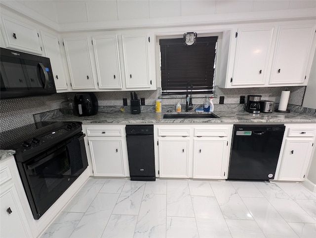 3209 Mimosa Dr, Sherman, TX 75092 - kitchen with black appliances, a sink, light marble finish flooring, and white cabinetry