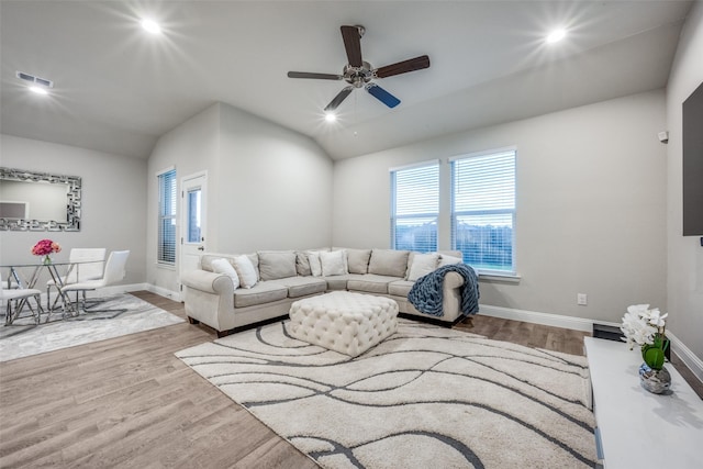 2100 Blackcap St, Denton, TX 76205 - living area with a ceiling fan, vaulted ceiling, baseboards, visible vents, and wood finished floors