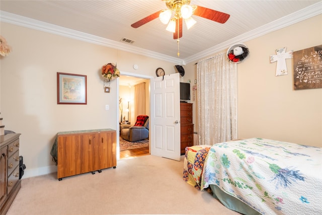 1501 W Crawford St W, Denison, TX 75020 - bedroom featuring light carpet, ornamental molding, ceiling fan, and visible vents