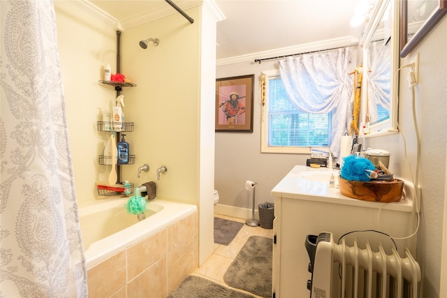 1501 W Crawford St W, Denison, TX 75020 - full bathroom featuring toilet, ornamental molding, radiator heating unit, tile patterned floors, and vanity