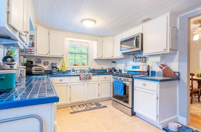 1501 W Crawford St W, Denison, TX 75020 - kitchen with tile countertops, white cabinets, visible vents, and appliances with stainless steel finishes