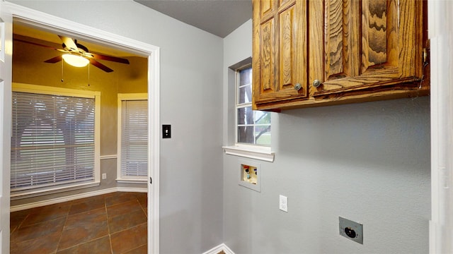 10020 Richard Cir, Forney, TX 75126 - laundry room featuring cabinet space, hookup for an electric dryer, a ceiling fan, washer hookup, and baseboards