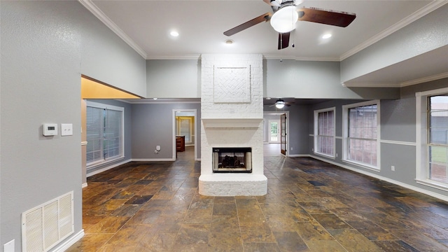 10020 Richard Cir, Forney, TX 75126 - unfurnished living room featuring visible vents, baseboards, a ceiling fan, and a brick fireplace