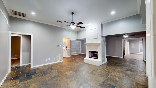 10020 Richard Cir, Forney, TX 75126 - unfurnished living room featuring crown molding, a ceiling fan, and visible vents