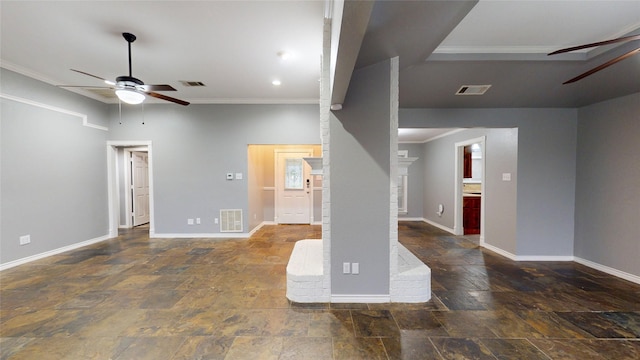 10020 Richard Cir, Forney, TX 75126 - unfurnished living room with ceiling fan, ornamental molding, visible vents, and stone tile flooring