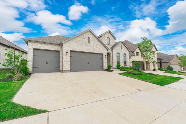 9415 Royal Forest Dr, Oak Point, TX 75068 - french country style house with a garage, concrete driveway, roof with shingles, brick siding, and stone siding