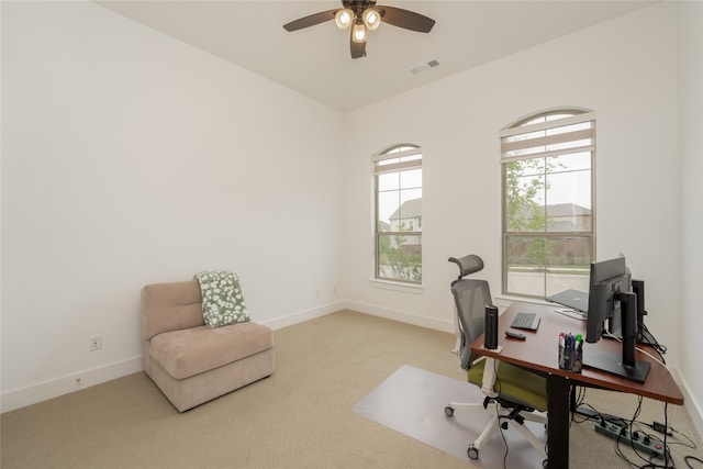 9415 Royal Forest Dr, Oak Point, TX 75068 - home office featuring ceiling fan, carpet, and baseboards