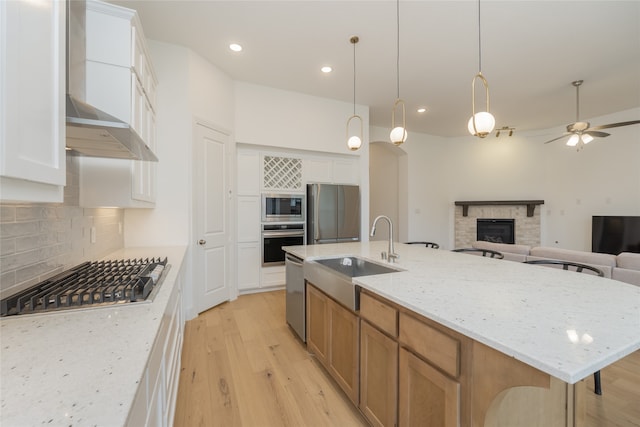 9415 Royal Forest Dr, Oak Point, TX 75068 - kitchen featuring stainless steel appliances, a sink, light wood-style flooring, a fireplace, and tasteful backsplash