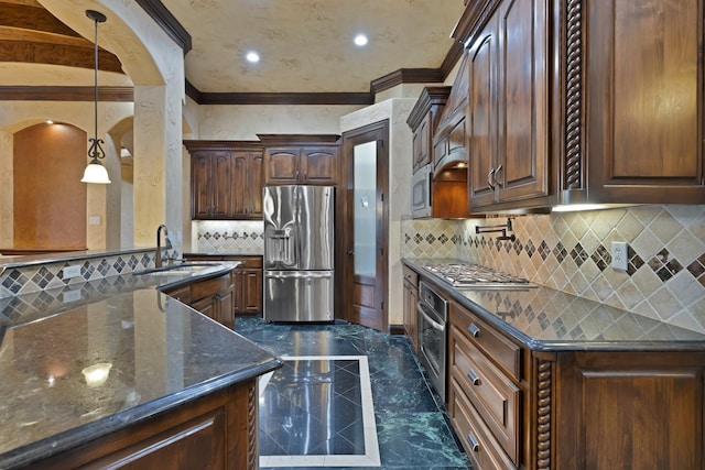 1206 Genesis Dr, Mansfield, TX 76063 - kitchen featuring appliances with stainless steel finishes, a sink, dark marble finish flooring, crown molding, and tasteful backsplash