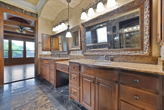 1206 Genesis Dr, Mansfield, TX 76063 - full bath featuring double vanity, crown molding, a ceiling fan, and marble finish floors