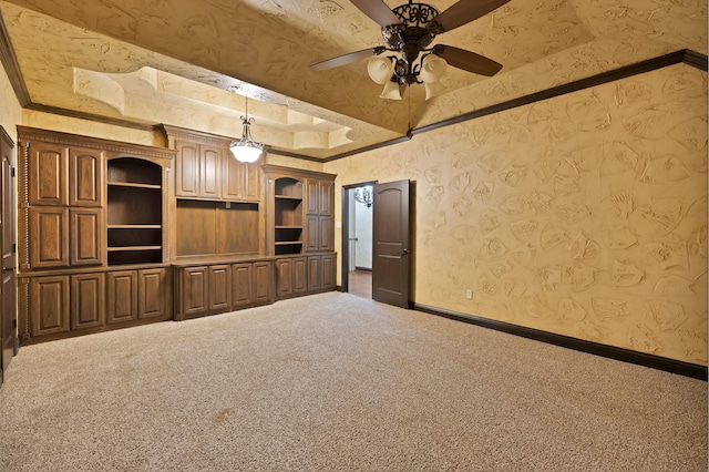 1206 Genesis Dr, Mansfield, TX 76063 - unfurnished living room with carpet flooring, ceiling fan, baseboards, crown molding, and wallpapered walls