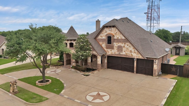 1206 Genesis Dr, Mansfield, TX 76063 - french country inspired facade with stone siding, brick siding, concrete driveway, a chimney, and an attached garage