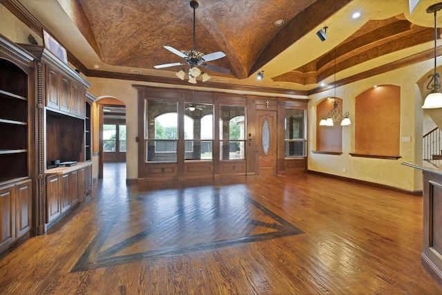 1206 Genesis Dr, Mansfield, TX 76063 - unfurnished living room with vaulted ceiling, crown molding, arched walkways, a ceiling fan, and baseboards