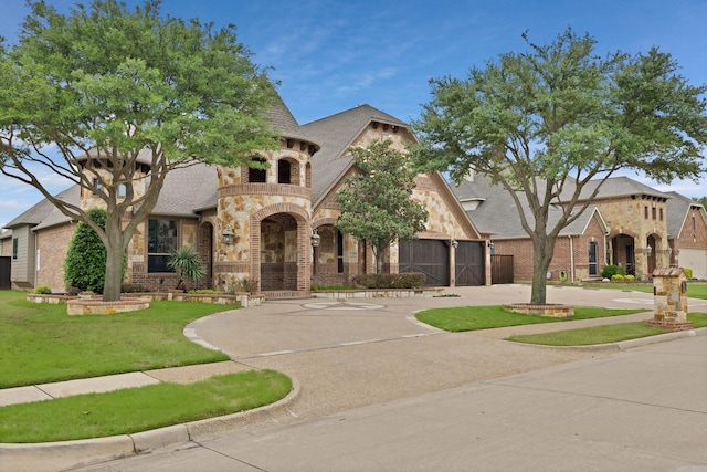 1206 Genesis Dr, Mansfield, TX 76063 - french country home with stone siding, brick siding, a front lawn, and a balcony