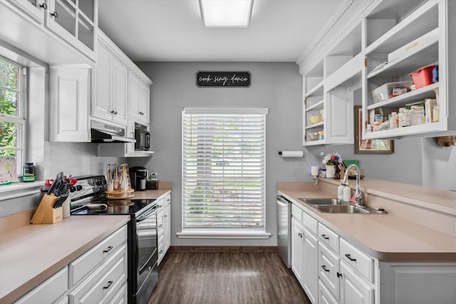 200 County Road 1574, Alba, TX 75410 - kitchen with under cabinet range hood, a sink, black appliances, light countertops, and white cabinets