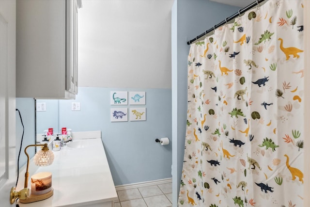 200 County Road 1574, Alba, TX 75410 - bathroom with baseboards, tile patterned floors, vanity, and a shower with shower curtain