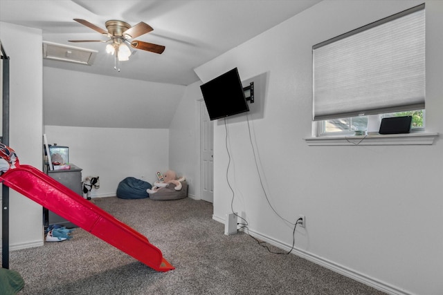 200 County Road 1574, Alba, TX 75410 - playroom featuring baseboards, ceiling fan, carpet floors, and vaulted ceiling