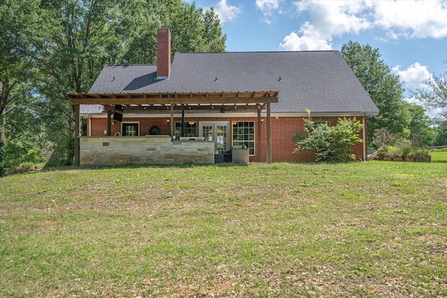 200 County Road 1574, Alba, TX 75410 - back of property with french doors, brick siding, a pergola, a chimney, and a lawn