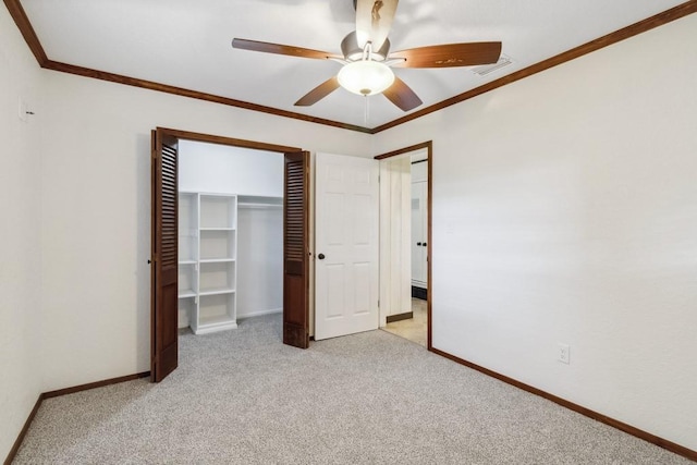 2328 Wildwood Way, Tool, TX 75143 - unfurnished bedroom featuring light colored carpet, crown molding, baseboards, a closet, and ceiling fan