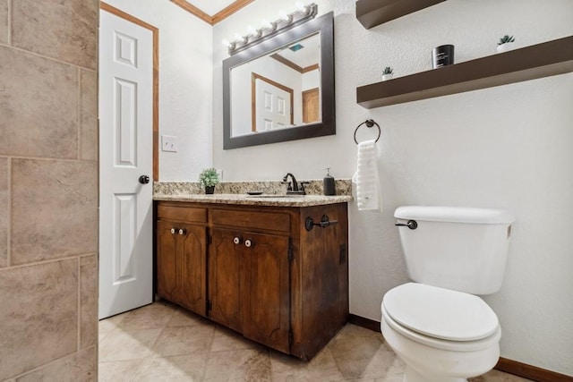 2328 Wildwood Way, Tool, TX 75143 - bathroom featuring toilet, tile patterned flooring, vanity, ornamental molding, and baseboards