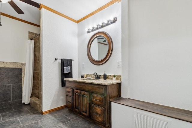 2328 Wildwood Way, Tool, TX 75143 - full bathroom featuring tile patterned floors, crown molding, ceiling fan, a tile shower, and vanity