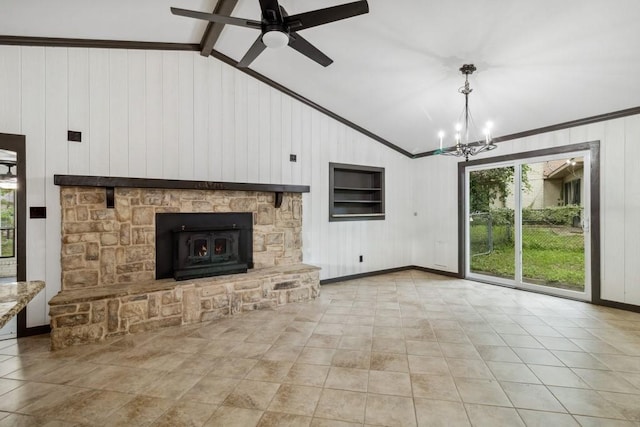 2328 Wildwood Way, Tool, TX 75143 - unfurnished living room with a chandelier, baseboards, crown molding, ceiling fan, and wooden walls