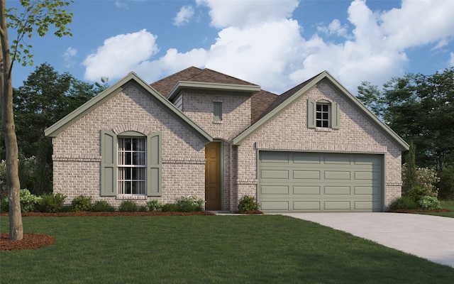 view of front of house featuring brick siding, driveway, a front yard, and an attached garage