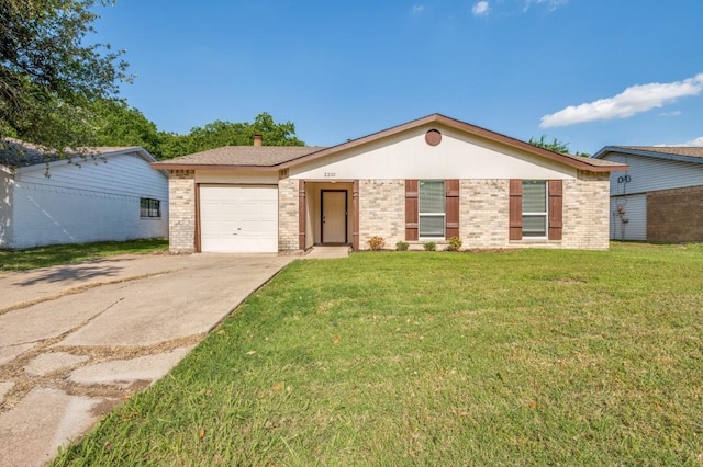 2210 Sheriff Dr, Grand Prairie, TX 75051 - ranch-style home featuring concrete driveway, brick siding, an attached garage, and a front lawn